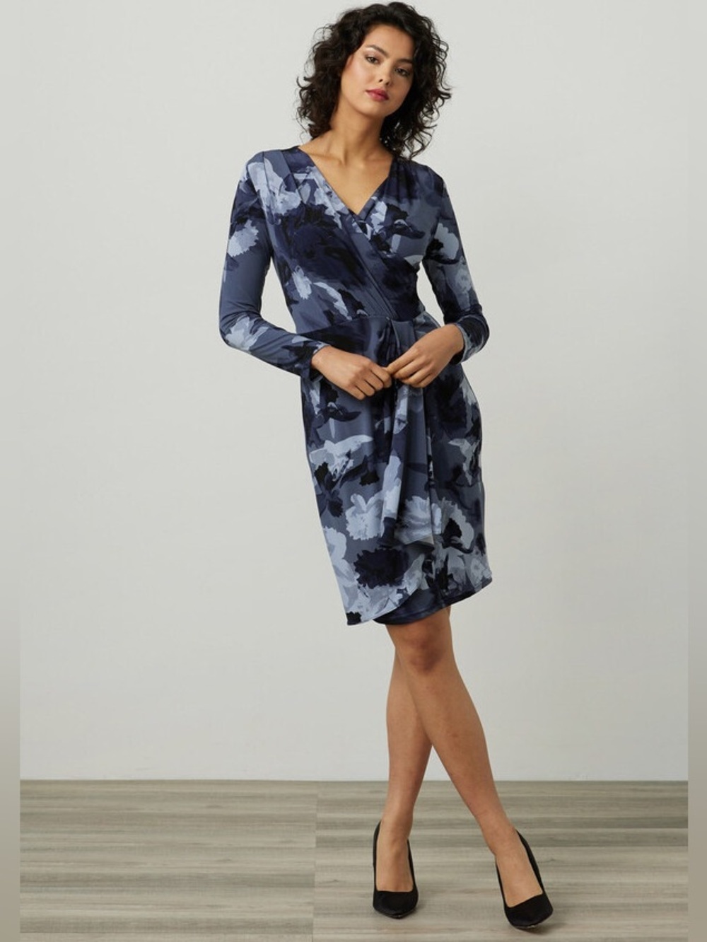 Joseph Ribkoff Dress faux wrap dress gathered front abstract florals sz 14